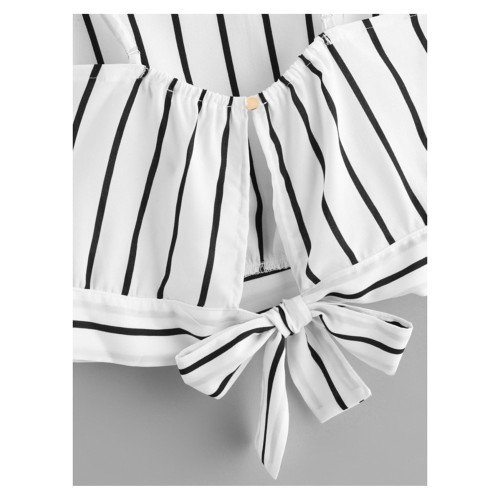 White Black Striped Back Tie Cami Crop Top - Picture 4 of 4
